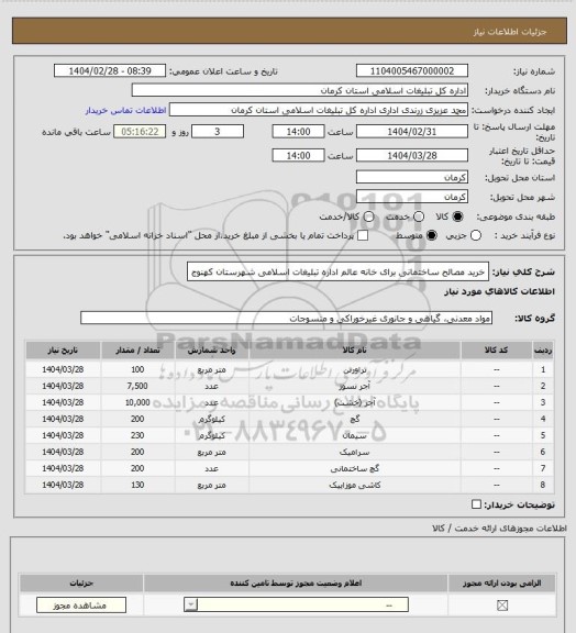 استعلام خرید مصالح ساختمانی برای خانه عالم اداره تبلیغات اسلامی شهرستان کهنوج