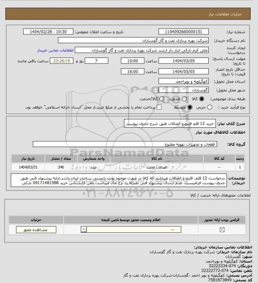 استعلام خرید 12 قلم فلنج و اتصالات طبق شرح جدول پیوست