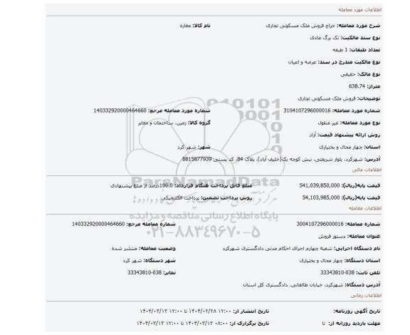 مزایده، فروش ملک مسکونی تجاری