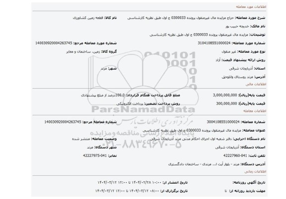 مزایده، مزایده مال غیرمنقول پرونده 0300033 ج اول   طبق نظریه کارشناسی