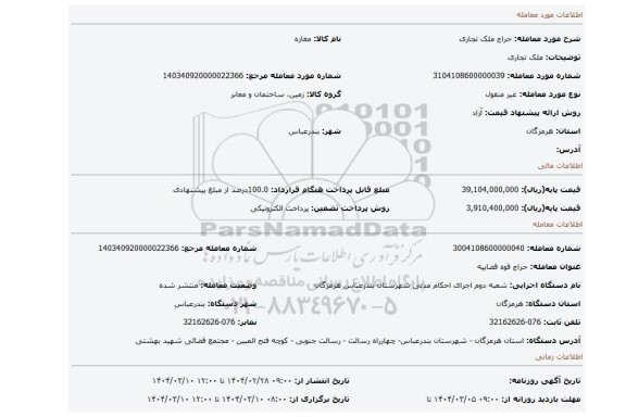 مزایده، ملک تجاری