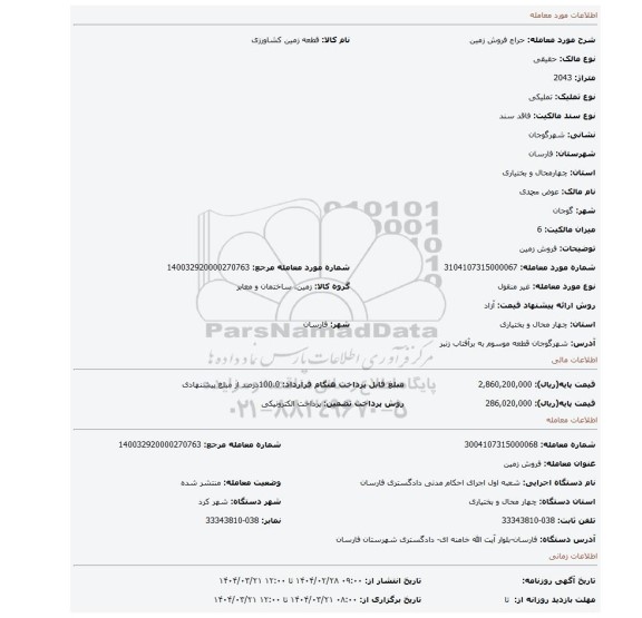 مزایده، فروش زمین