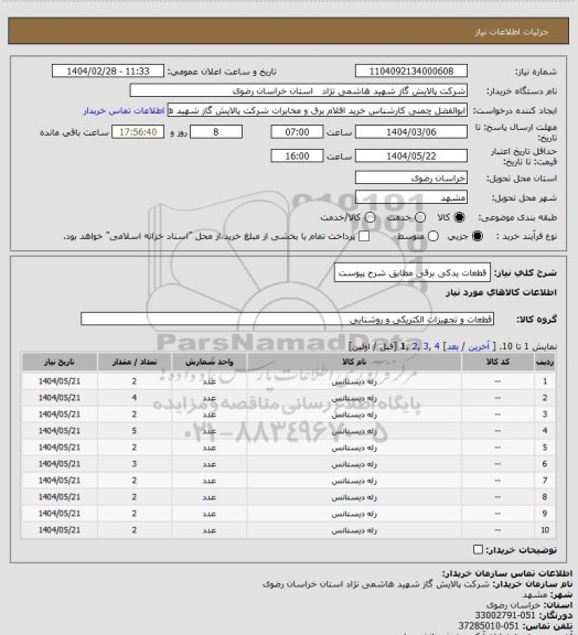 استعلام قطعات یدکی برقی مطابق شرح پیوست