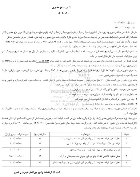 مزایده بهره برداری از تعدادی غرف واقع در سطح شهر 