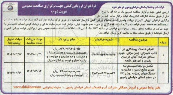 فراخوان ارزیابی کیفی انجام خدمات پیمانکاری در قالب کارمزدی ....- نوبت دوم