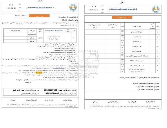 استعلام روشنایی و تجهیزات برقی ....