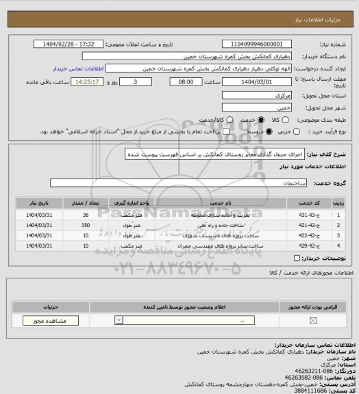 استعلام اجرای جدول گذاری معابر روستای کمانکش بر اساس فهرست پیوست شده