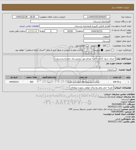 استعلام اجرای جدول گذاری باکلیه مصالح مورد نیازروستای جعفرآبادبخشزواره، سایت ستاد