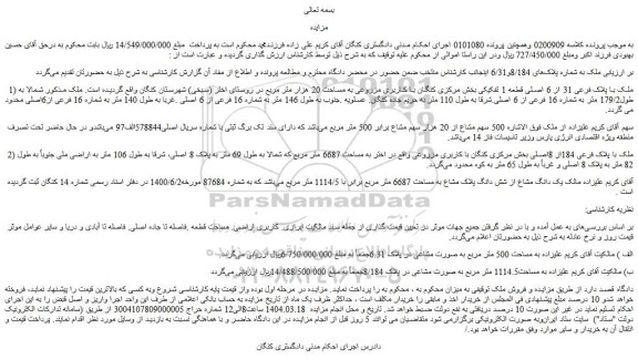 مزایده ملک با پلاک فرعی 31 از 6 اصلی قطعه 1 تفکیکی بخش مرکزی کنگان با کاربری مزروعی به مساحت 20 هزار متر مربع