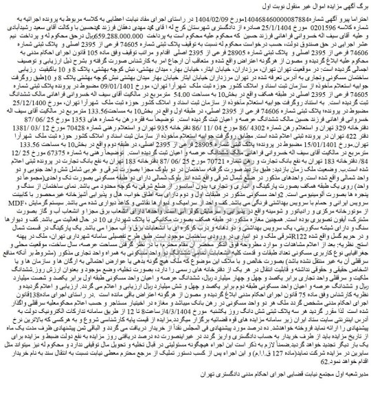 مزایده ملک پلاک ثبتی شماره 74605 فرعی از 2395 اصلی و پلاک ثبتی شماره 74606 فرعی از 2395 اصلی و پلاک ثبتی شماره 28905 فرعی از 2395 اصلی