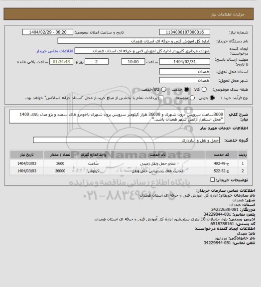 استعلام 3600ساعت سرویس درون شهری و 36000 هزار کیلومتر سرویس برون شهری باخودرو های سمند و پژو مدل بالای 1400 *محل استقرار آژانس شهر همدان باشد.*