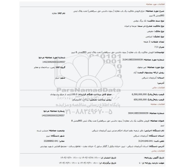 مزایده، فروش مالکیت یک باب مغازه ( بدون داشتن حق سرقفلی) تحت پلاک ثبتی 893بخش 8 تبریز