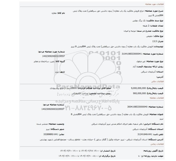 مزایده، فروش مالکیت یک باب مغازه ( بدون داشتن حق سرقفلی) تحت پلاک ثبتی 894بخش 8 تبریز