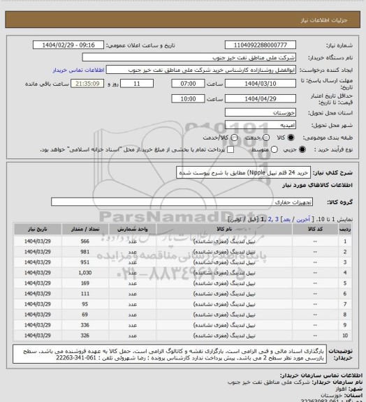 استعلام خرید 24 قلم نیپل Nipple)  مطابق با شرح پیوست شده