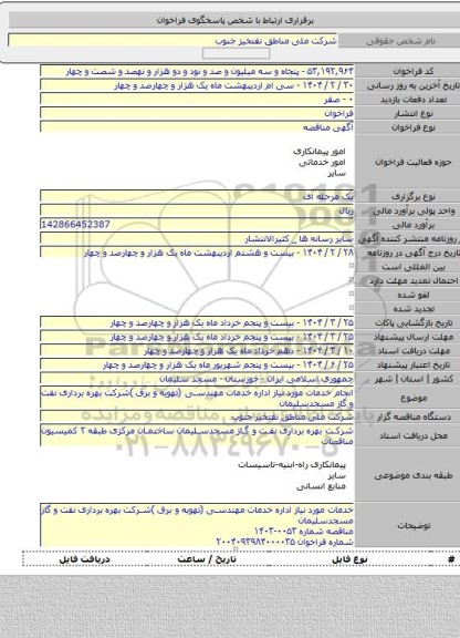 مناقصه, انجام خدمات مورد نیاز اداره خدمات مهندسی (تهویه و برق )شرکت بهره برداری نفت و گاز مسجدسلیمان