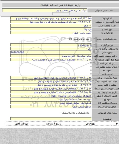 مناقصه, خرید ۱۰۰۰۰۰کیسه کلسیم کلراید