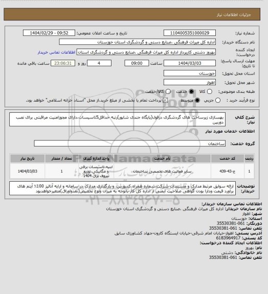 استعلام بهسازی زیرساخت های گردشگری دزفول(پایگاه جندی شاپور)رتبه حداقل5تاسیسات،دارای مجوزامنیت مراقبتی برای نصب دوربین