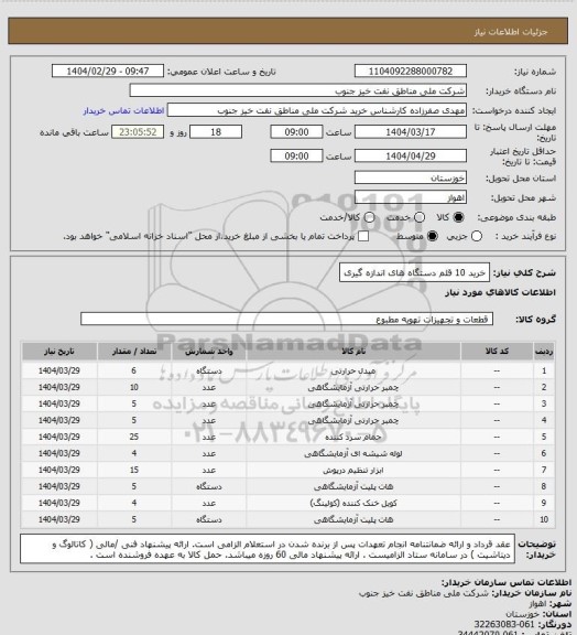 استعلام خرید 10 قلم دستگاه های اندازه گیری