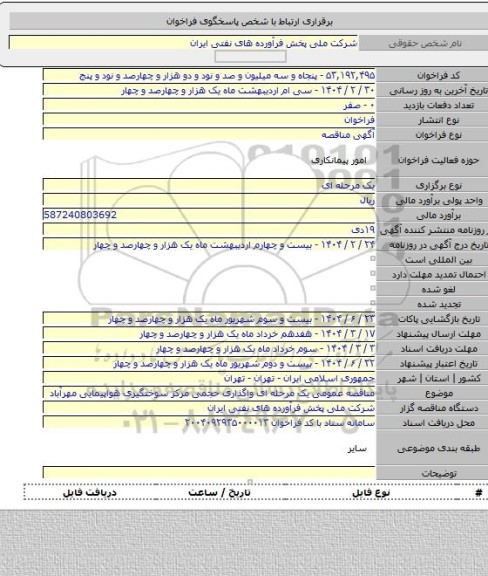 مناقصه, مناقصه عمومی یک مرحله ای واگذاری حجمی مرکز سوختگیری هواپیمایی مهرآباد