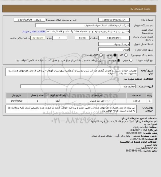 استعلام عملیات حفاری دستی و اجرای گالری چاه آب شرب روستای کردکانلو شهرستان قوچان - پرداخت از محل طرحهای عمرانی و به صورت نقد یا اسناد خزانه