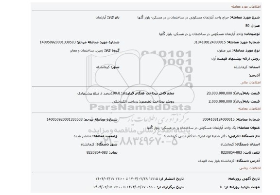 مزایده، واحد آپارتمان مسکونی در ساختمان رز در مسکن- بلوار گُلها