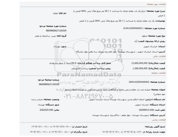 مزایده، یک باب مغازه تجاری به مساحت 1 / 25 متر مربع پلاک ثبتی 3041 فرعی از 1 اصلی