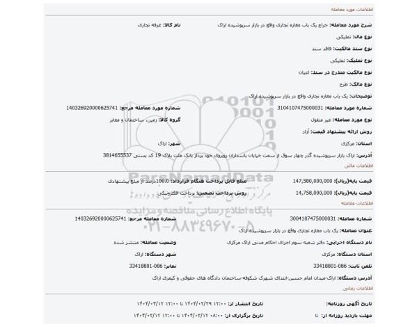 مزایده، یک باب مغازه تجاری واقع در بازار سرپوشیده اراک