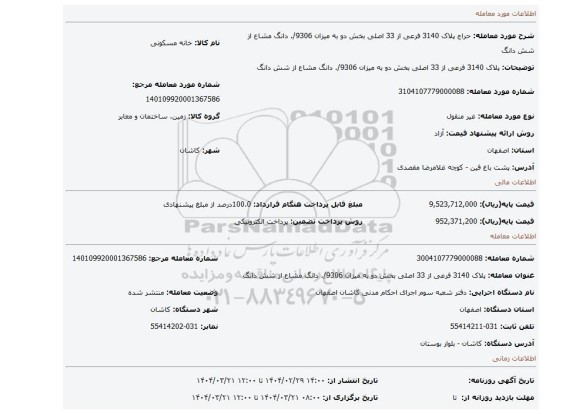 مزایده، پلاک 3140 فرعی از 33 اصلی بخش دو به میزان 9306/. دانگ مشاع از شش دانگ