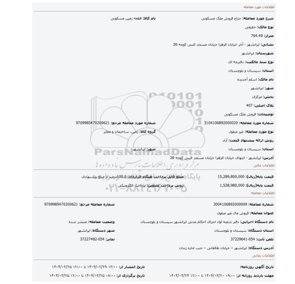 مزایده، فروش ملک مسکونی