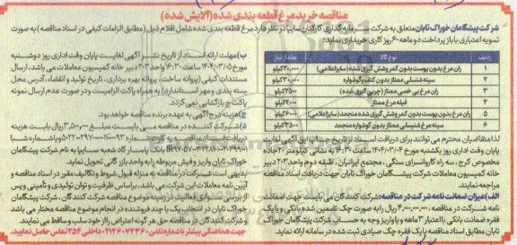 مناقصه خرید مرغ قطعه بندی شده (آلایش شده)