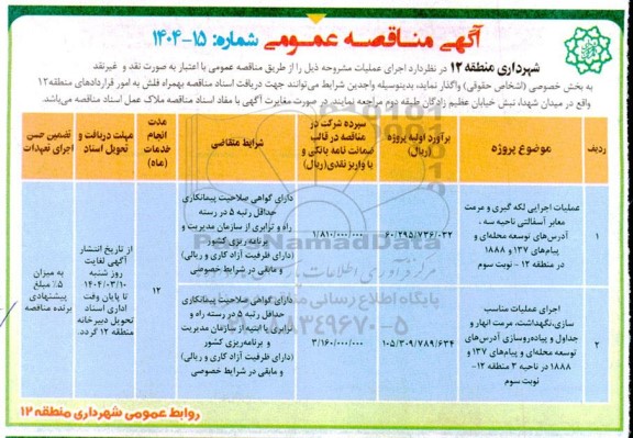 مناقصه عملیات اجرایی لکه گیری و مرمت معابر آسفالتی...