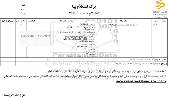 استعلام اورینگ نازل گازوئیل واحدهای گاز 2.5+13 