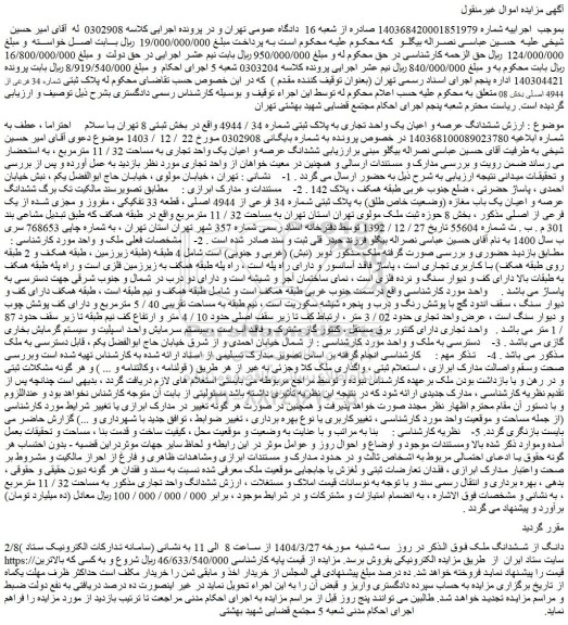 مزایده ششدانگ عرصه و اعیان یک واحد تجاری به پلاک ثبتی شماره 34 / 4944
