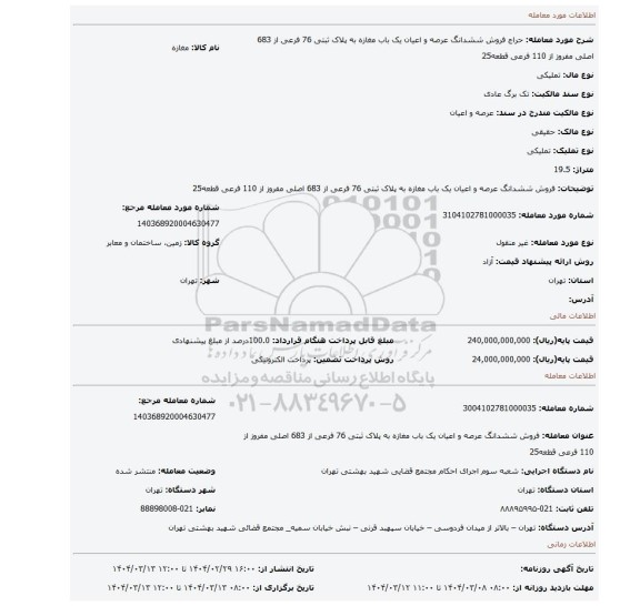 مزایده، فروش ششدانگ عرصه و اعیان یک باب مغازه به پلاک ثبتی 76 فرعی از 683 اصلی مفروز از 110 فرعی قطعه25