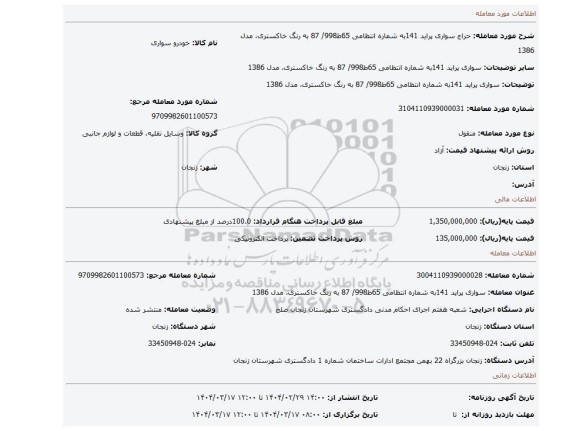مزایده، سواری پراید 141به شماره انتظامی 65ط998/ 87 به رنگ خاکستری، مدل 1386