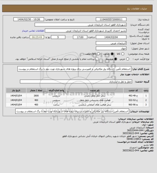 استعلام استعلام تأمین دستگاه بیل مکانیکی و کمپرسی برای پروژه ھای شھرداری نوبت دوم با برگ استعلام در پیوست