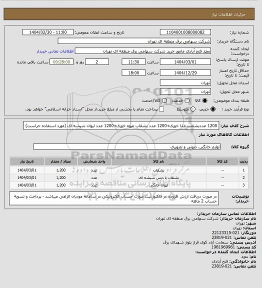 استعلام 1200 عددبشقاب غذا خوری+1200 عدد بشقاب میوه خوری+1200 عدد لیوان شیشه ای (مورد استفاده حراست)