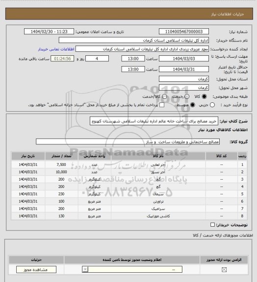 استعلام خرید مصالح برای ساخت خانه عالم اداره تبلیغات اسلامی شهرستان کهنوج
