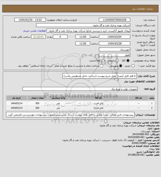 استعلام 2 قلم کابل آرمردار طبق شرح پیوست (ساخت داخل مدنظرمی باشد)