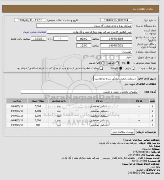استعلام دستکش ایمنی مطابق شرح درخواست