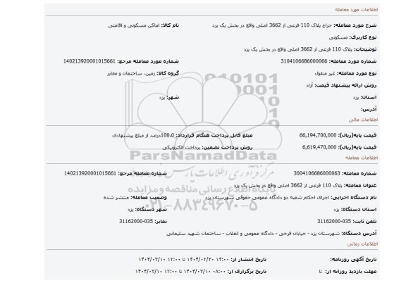 مزایده، پلاک 110 فرعی از 3662 اصلی واقع در بخش یک یزد