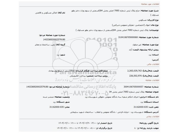 مزایده، پلاک ثبتی شماره 7093 اصلی بخش 04(قسمتی از سهم وراث دختر بطور مساوی )