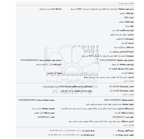 مزایده، مزایده یک قطعه زمین کشاورزی به مساحت 2825 متر مربع