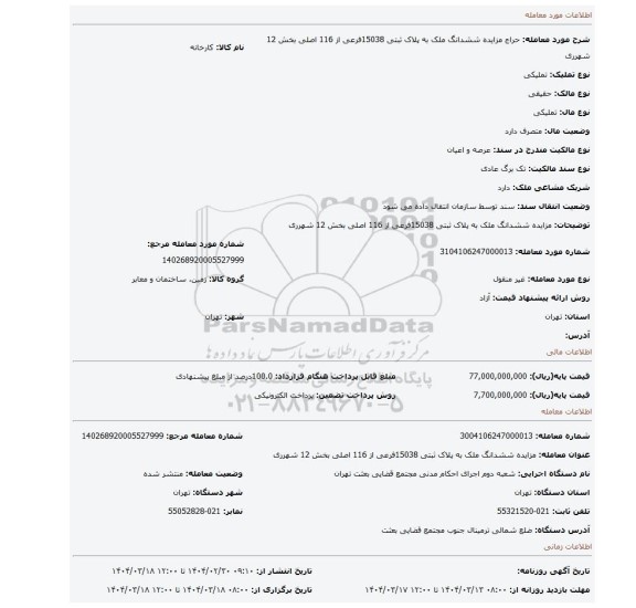 مزایده، مزایده ششدانگ ملک به پلاک ثبتی 15038فرعی از 116 اصلی بخش 12 شهرری