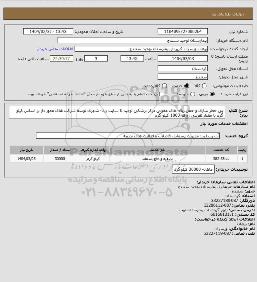 استعلام بی خطر سازی و حمل زباله های عفونی مرکز پزشکی توحید  تا سایت رباله شهری توسط شرکت های مجوز دار بر اساس کیلو گرم با مقدار تقریبی روزانه 1000 کیلو گرم