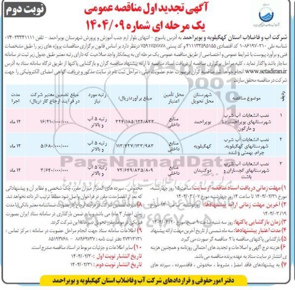 تجدید اول مناقصه نصب انشعابات آب شرب....- نوبت دوم 