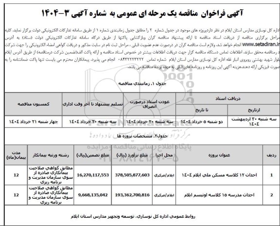 مناقصه احداث 12 کلاسه مسکن ملی ...