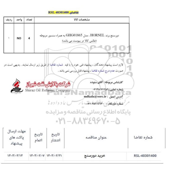 استعلام دورسنج برند HORNEL مدل GHG01865 