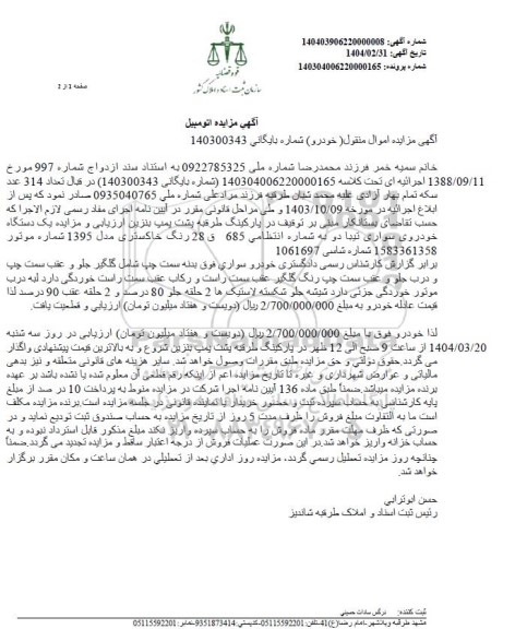 مزایده خودروسواری تیبا دو مدل 1395