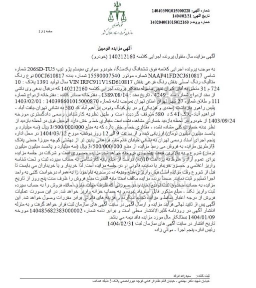 مزایده یک دستگاه خودرو سواری پژو